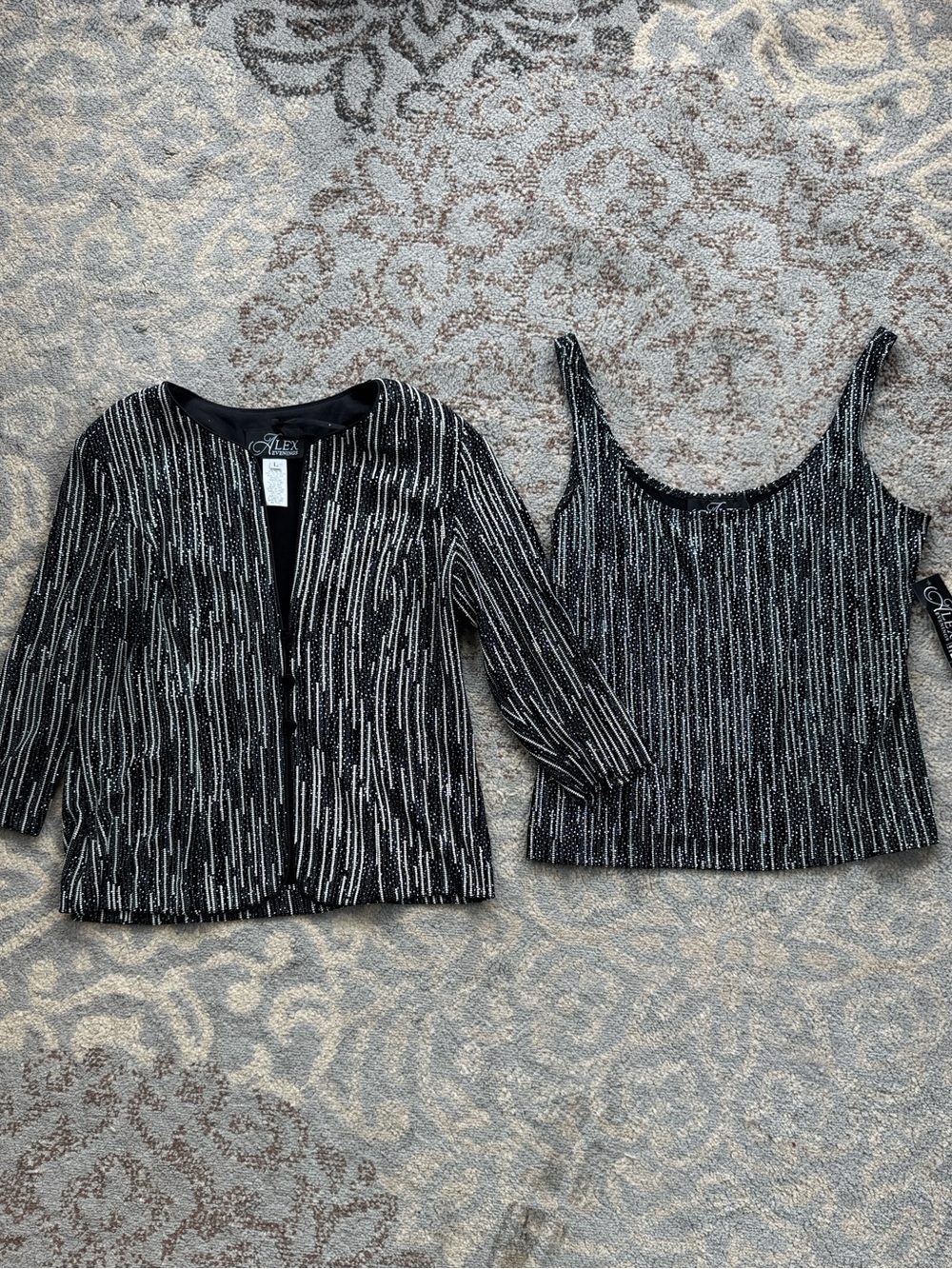 Alex Evenings Metallic Glitter Slinky Knit Jacket Tank 2 Piece Set Black Large